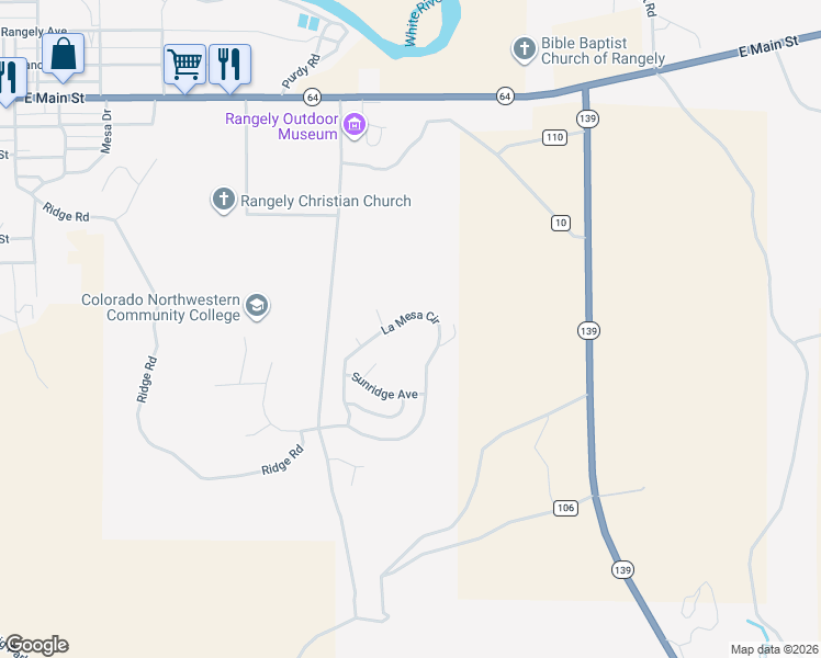 map of restaurants, bars, coffee shops, grocery stores, and more near 512 Hilltop Drive in Rangely