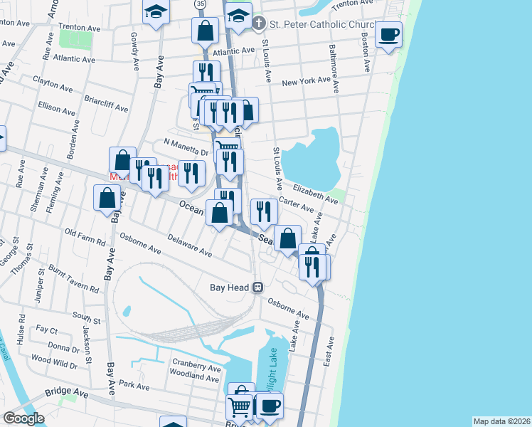 map of restaurants, bars, coffee shops, grocery stores, and more near 407 New Jersey 35 in Point Pleasant Beach