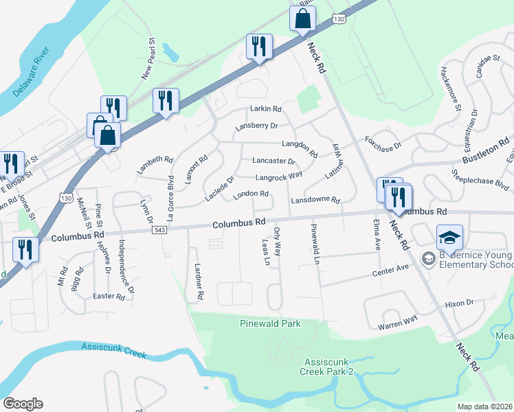 map of restaurants, bars, coffee shops, grocery stores, and more near 6 London Road in Burlington