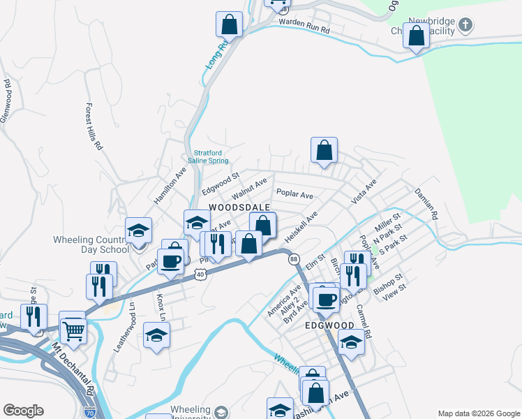 map of restaurants, bars, coffee shops, grocery stores, and more near 45-99 Maple Avenue in Wheeling