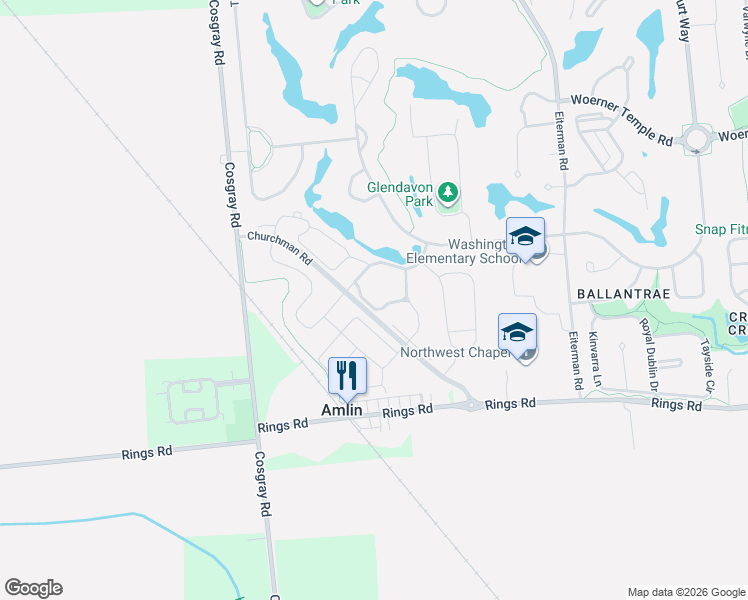 map of restaurants, bars, coffee shops, grocery stores, and more near 6927 Foresthaven Loop in Dublin