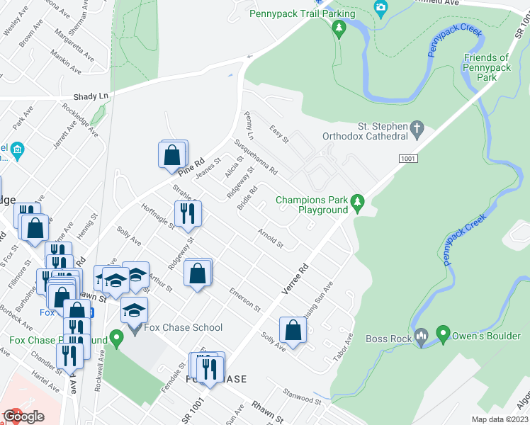 map of restaurants, bars, coffee shops, grocery stores, and more near 8501 Kendrick Place in Philadelphia