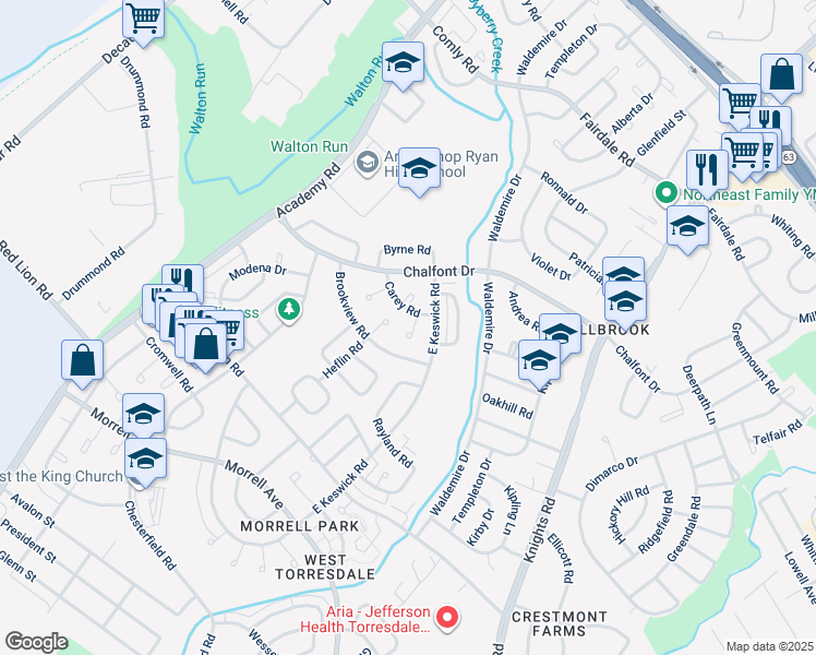 map of restaurants, bars, coffee shops, grocery stores, and more near 10916 Carey Place in Philadelphia