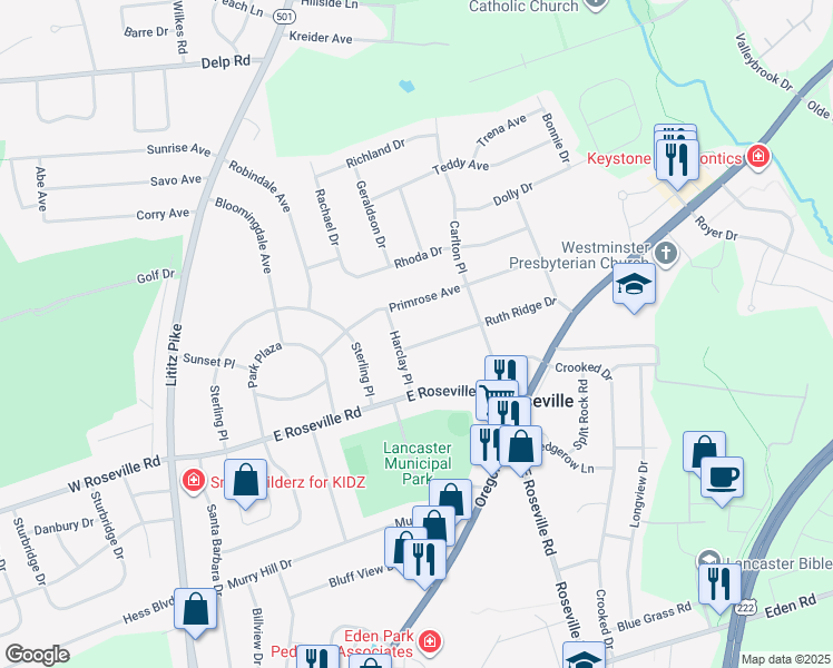 map of restaurants, bars, coffee shops, grocery stores, and more near 332 Ruth Ridge Drive in Lancaster