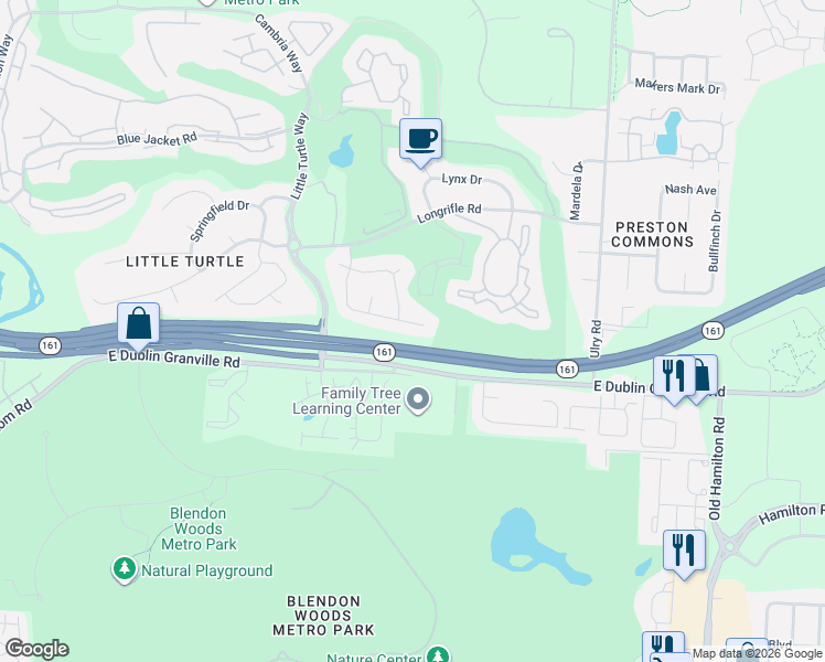 map of restaurants, bars, coffee shops, grocery stores, and more near 5535 Moccasin Drive in Westerville