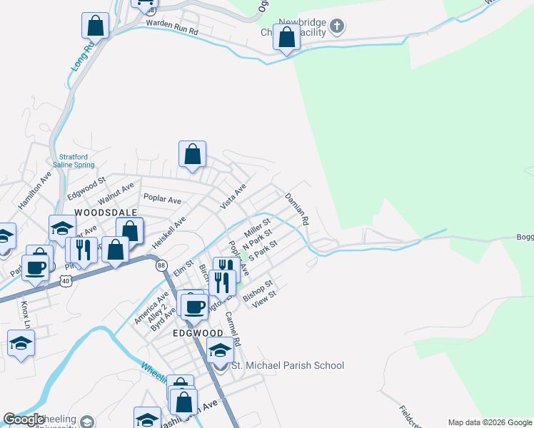 map of restaurants, bars, coffee shops, grocery stores, and more near 134-138 Miller Street in Wheeling