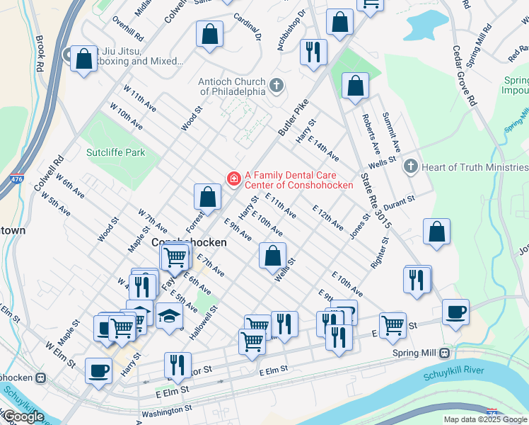 map of restaurants, bars, coffee shops, grocery stores, and more near 124 East 10th Avenue in Conshohocken