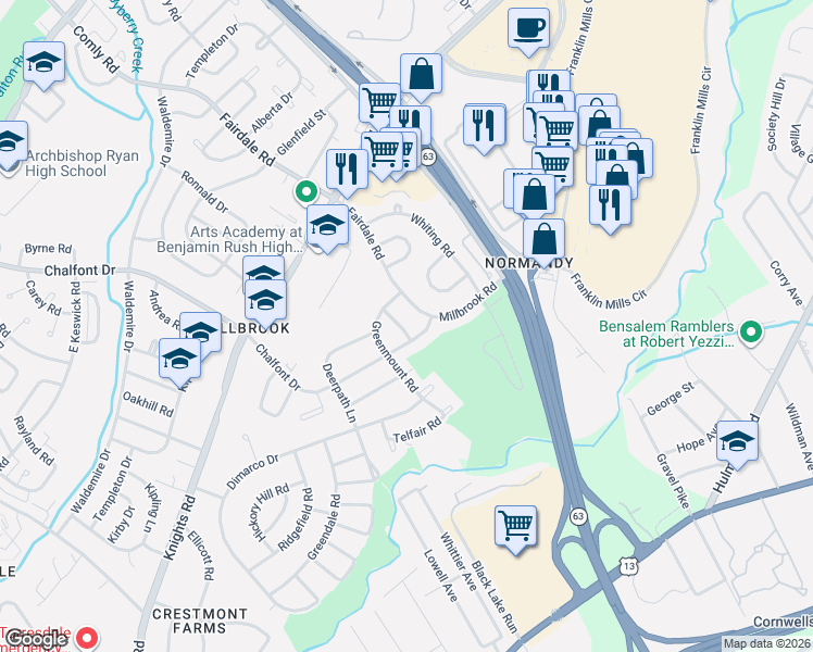 map of restaurants, bars, coffee shops, grocery stores, and more near 11802 Millbrook Road in Philadelphia