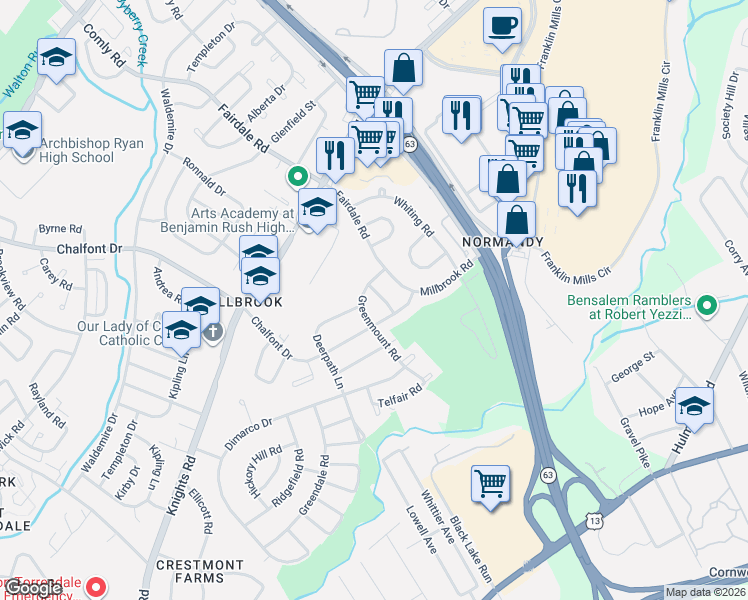 map of restaurants, bars, coffee shops, grocery stores, and more near 11802 Millbrook Road in Philadelphia