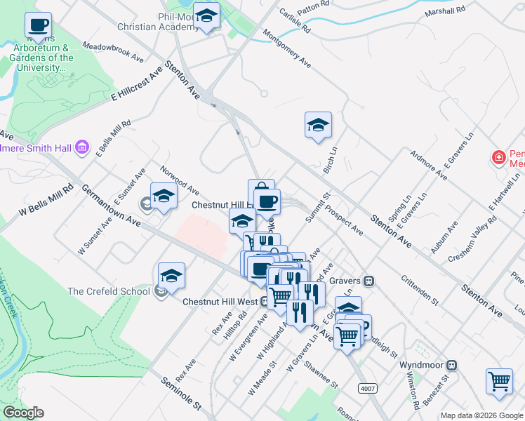 map of restaurants, bars, coffee shops, grocery stores, and more near 42 East Chestnut Hill Avenue in Philadelphia
