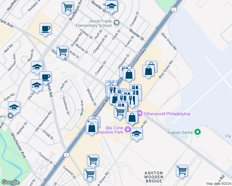 map of restaurants, bars, coffee shops, grocery stores, and more near 2325 Grant Avenue in Philadelphia