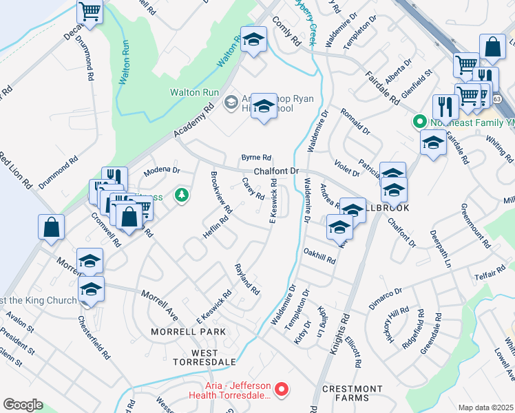 map of restaurants, bars, coffee shops, grocery stores, and more near 10916 Carey Place in Philadelphia