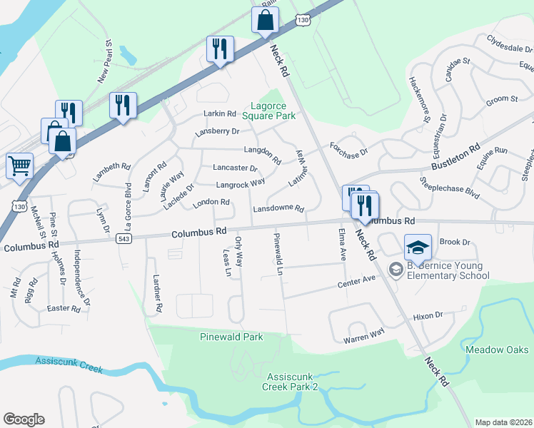map of restaurants, bars, coffee shops, grocery stores, and more near 1504 Columbus Road in Burlington