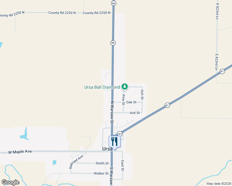 map of restaurants, bars, coffee shops, grocery stores, and more near 221 North Warsaw Street in Ursa