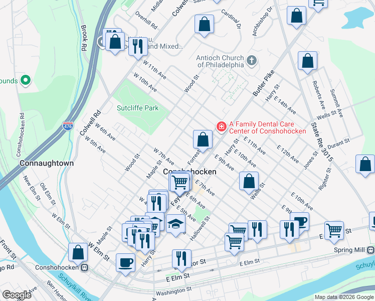 map of restaurants, bars, coffee shops, grocery stores, and more near in Conshohocken