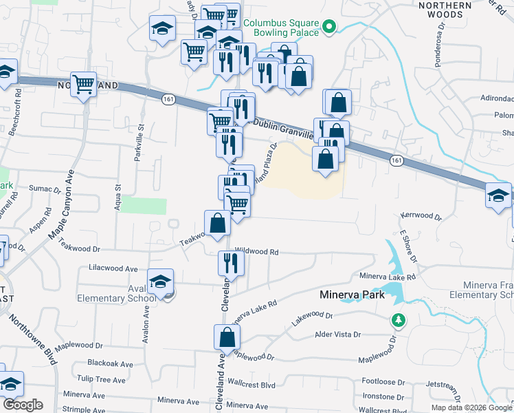 map of restaurants, bars, coffee shops, grocery stores, and more near 2545 Jordan Road in Columbus