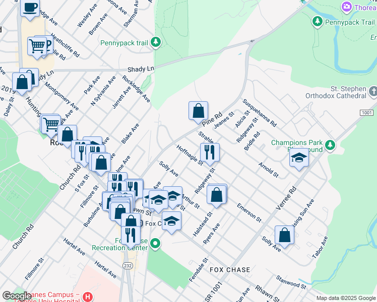 map of restaurants, bars, coffee shops, grocery stores, and more near 433 Hoffnagle Street in Philadelphia