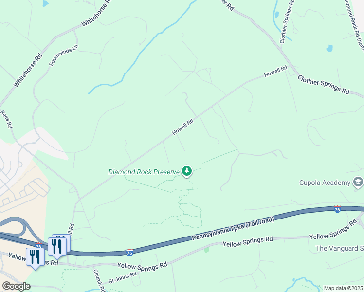 map of restaurants, bars, coffee shops, grocery stores, and more near 18 Friendship Lane in Malvern