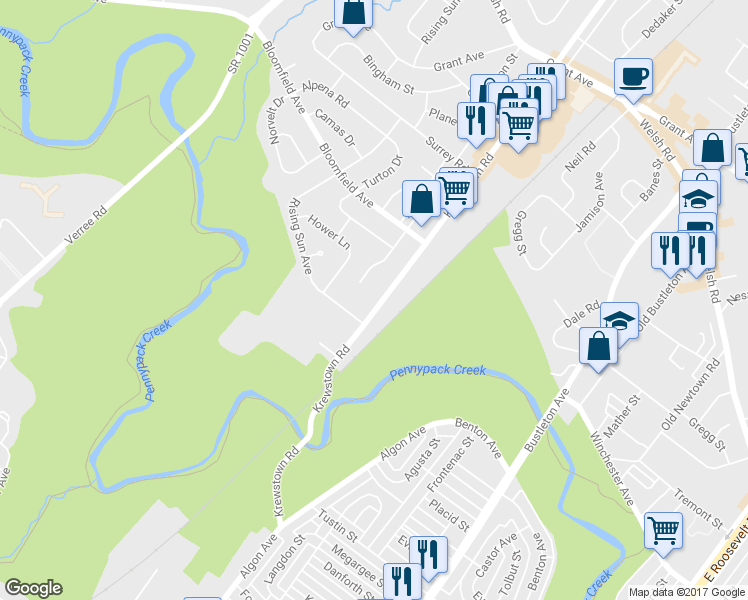 map of restaurants, bars, coffee shops, grocery stores, and more near 8730 Krewstown Road in Philadelphia