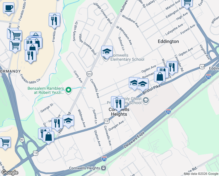 map of restaurants, bars, coffee shops, grocery stores, and more near 2306 Finley Avenue in Bensalem