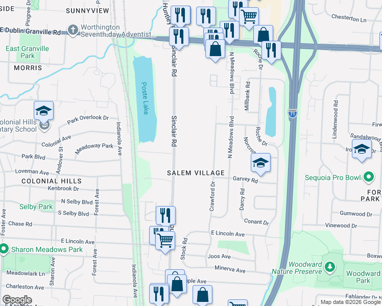 map of restaurants, bars, coffee shops, grocery stores, and more near 5630 Sinclair Road in Columbus