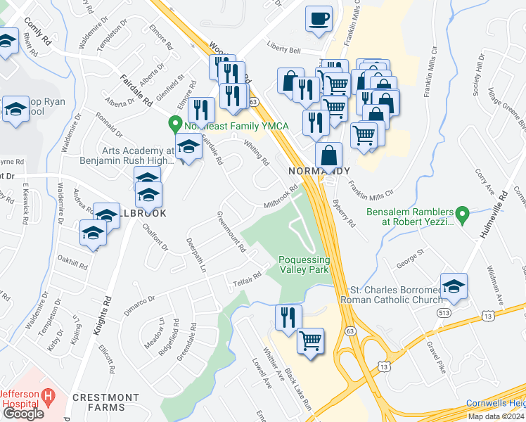 map of restaurants, bars, coffee shops, grocery stores, and more near 12009 Millbrook Road in Philadelphia