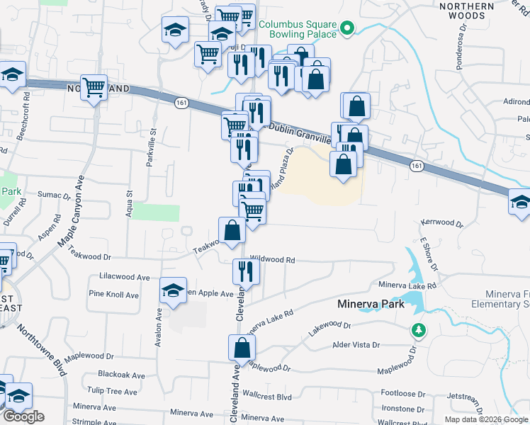 map of restaurants, bars, coffee shops, grocery stores, and more near 2545 Jordan Road in Columbus