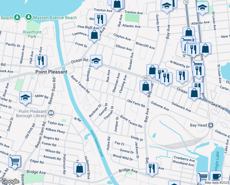 map of restaurants, bars, coffee shops, grocery stores, and more near 1236 Sherman Avenue in Point Pleasant
