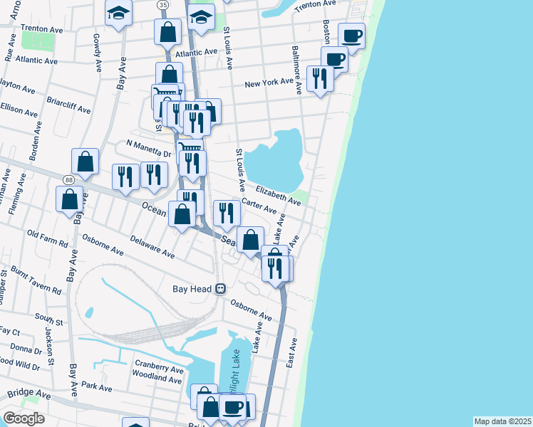 map of restaurants, bars, coffee shops, grocery stores, and more near 1603 Lake Avenue in Point Pleasant Beach