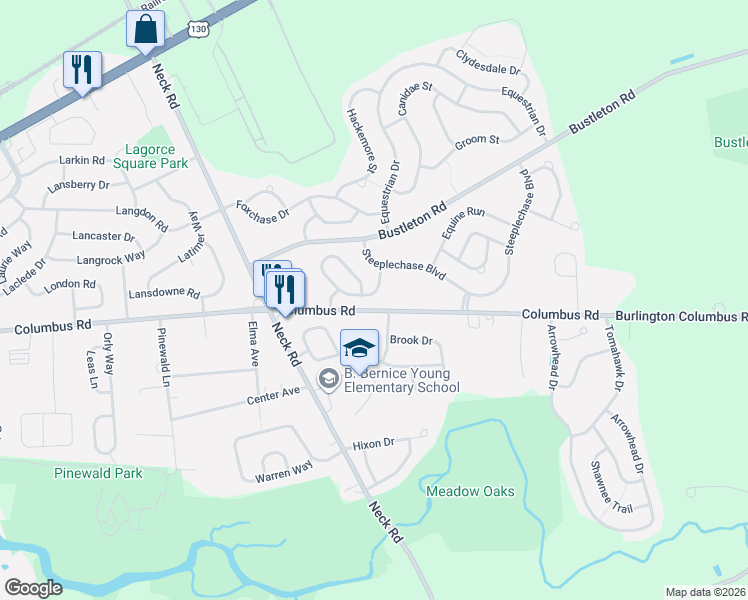 map of restaurants, bars, coffee shops, grocery stores, and more near 1720 Columbus Road in Burlington