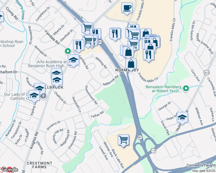 map of restaurants, bars, coffee shops, grocery stores, and more near 4430 Ernie Davis Circle in Philadelphia
