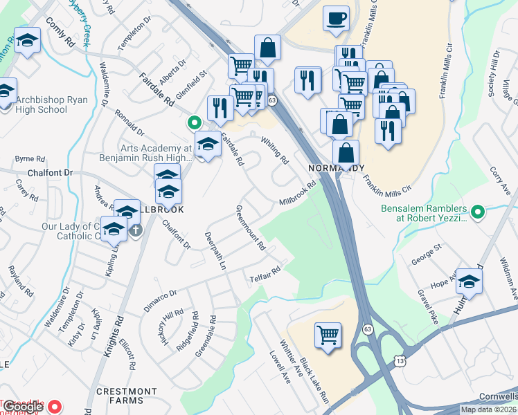 map of restaurants, bars, coffee shops, grocery stores, and more near 11802 Millbrook Road in Philadelphia
