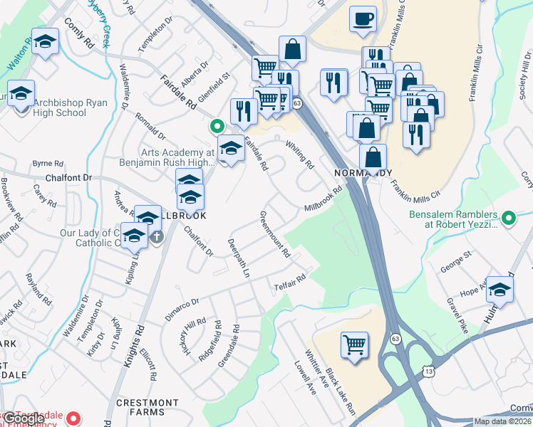 map of restaurants, bars, coffee shops, grocery stores, and more near 11802 Millbrook Road in Philadelphia
