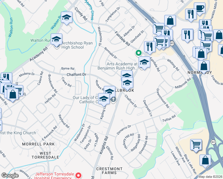 map of restaurants, bars, coffee shops, grocery stores, and more near 3828 Andrea Road in Philadelphia