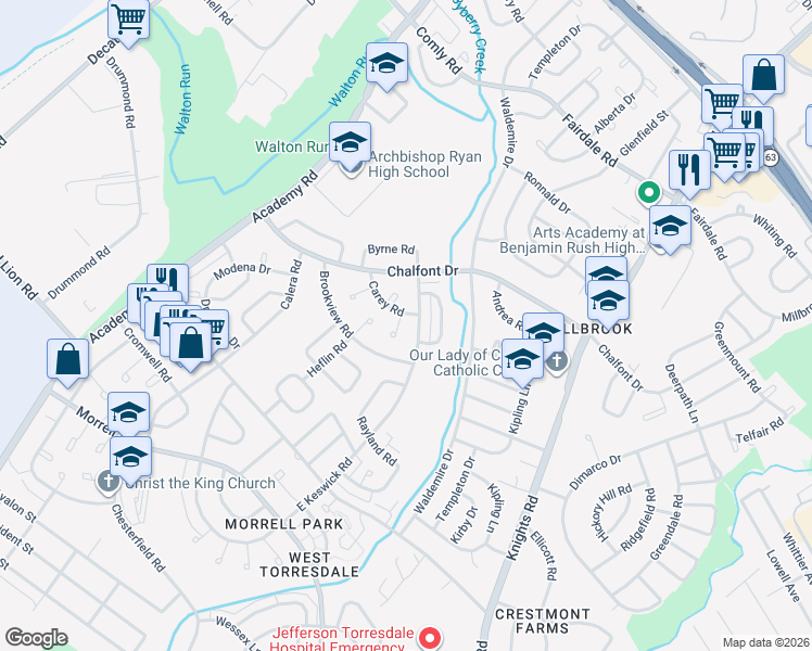 map of restaurants, bars, coffee shops, grocery stores, and more near 3583 Brookview Road in Philadelphia