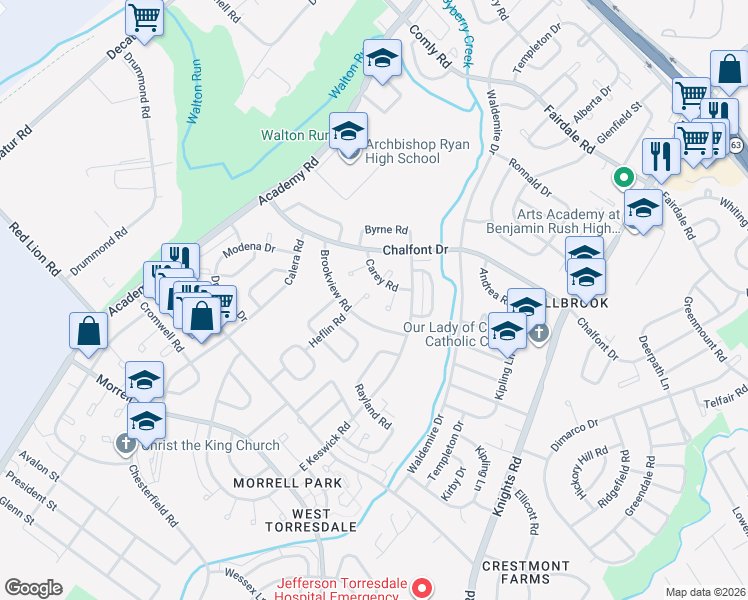 map of restaurants, bars, coffee shops, grocery stores, and more near 3583 Brookview Road in Philadelphia