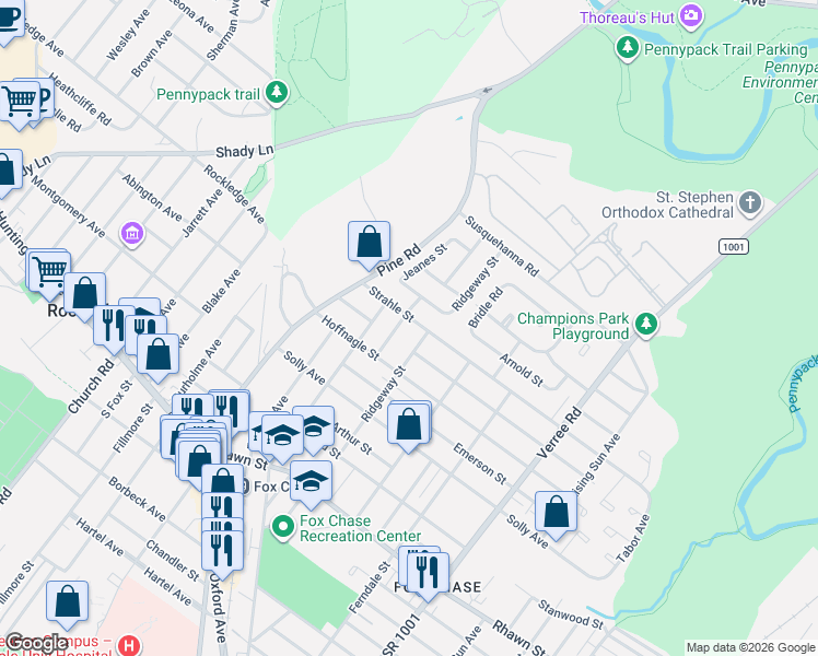 map of restaurants, bars, coffee shops, grocery stores, and more near 8323 Ridgeway Street in Philadelphia