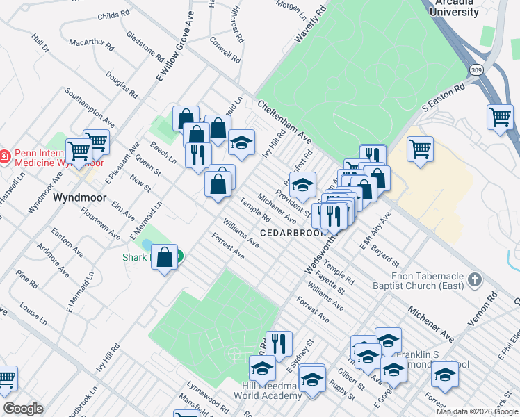 map of restaurants, bars, coffee shops, grocery stores, and more near 8601 Fayette Street in Philadelphia