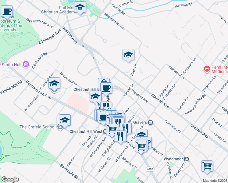 map of restaurants, bars, coffee shops, grocery stores, and more near 35 Summit Street in Philadelphia