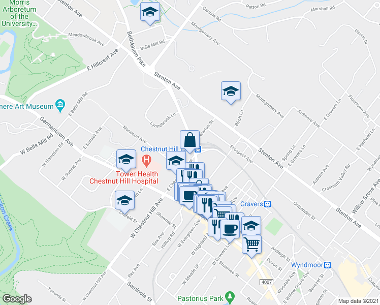 map of restaurants, bars, coffee shops, grocery stores, and more near 42 East Chestnut Hill Avenue in Philadelphia