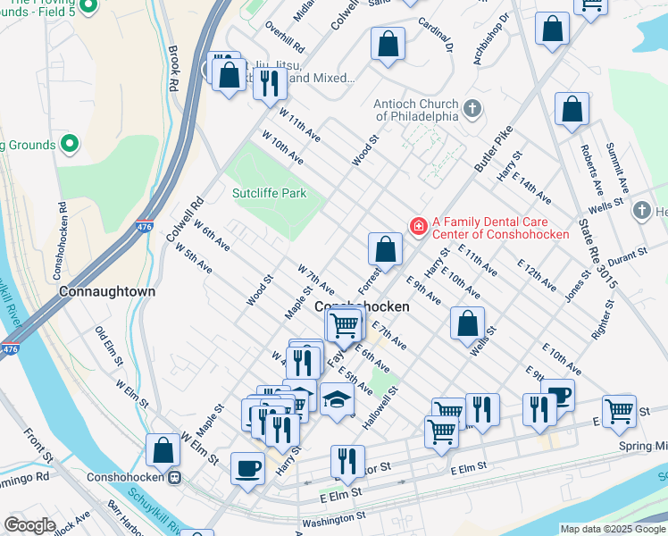 map of restaurants, bars, coffee shops, grocery stores, and more near 132 West 7th Avenue in Conshohocken