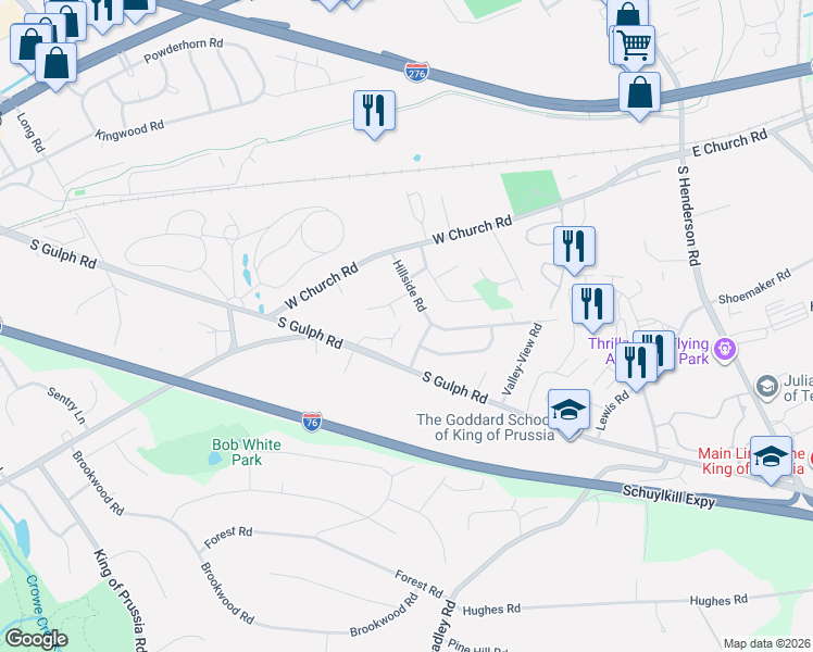 map of restaurants, bars, coffee shops, grocery stores, and more near 424 Glen Arbor Court in King of Prussia