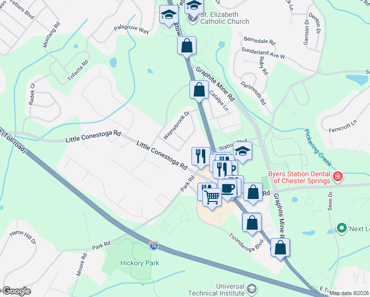 map of restaurants, bars, coffee shops, grocery stores, and more near 180 Park Road in Downingtown