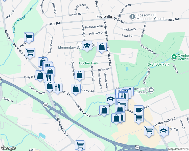 map of restaurants, bars, coffee shops, grocery stores, and more near 2139 Brockton Road in Lancaster