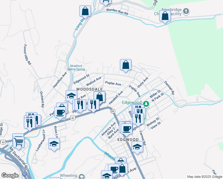 map of restaurants, bars, coffee shops, grocery stores, and more near 118 Pine Avenue in Wheeling