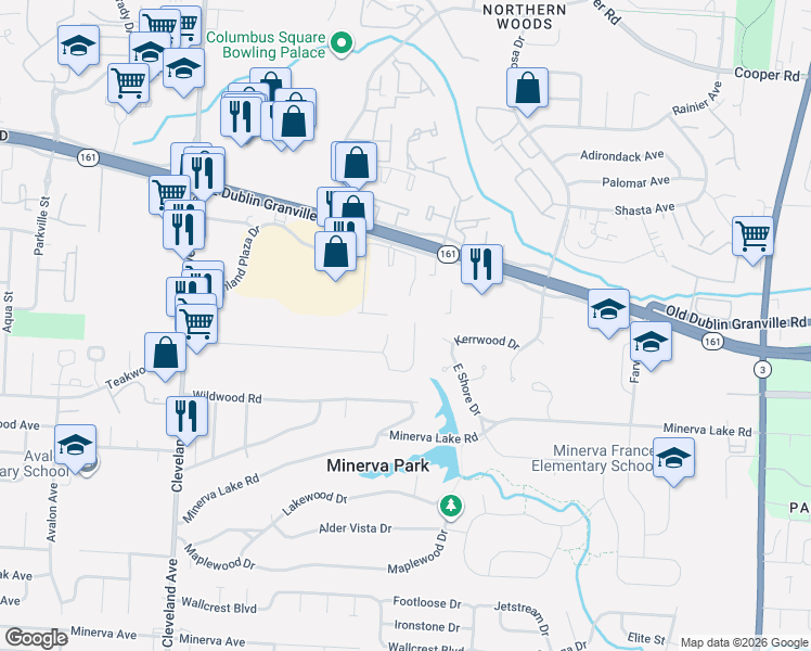 map of restaurants, bars, coffee shops, grocery stores, and more near 5349 Park Lane Drive in Columbus