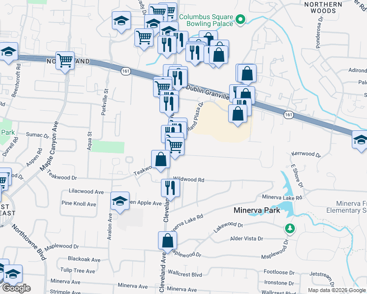 map of restaurants, bars, coffee shops, grocery stores, and more near 2545 Jordan Road in Columbus