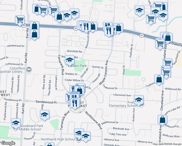 map of restaurants, bars, coffee shops, grocery stores, and more near 5453 Aspen Road in Columbus