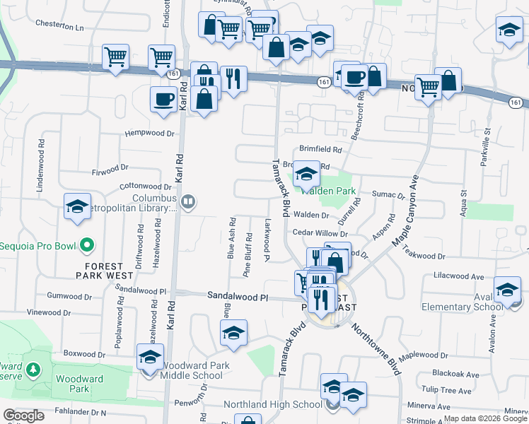 map of restaurants, bars, coffee shops, grocery stores, and more near 5500 Pine Bluff Road in Columbus