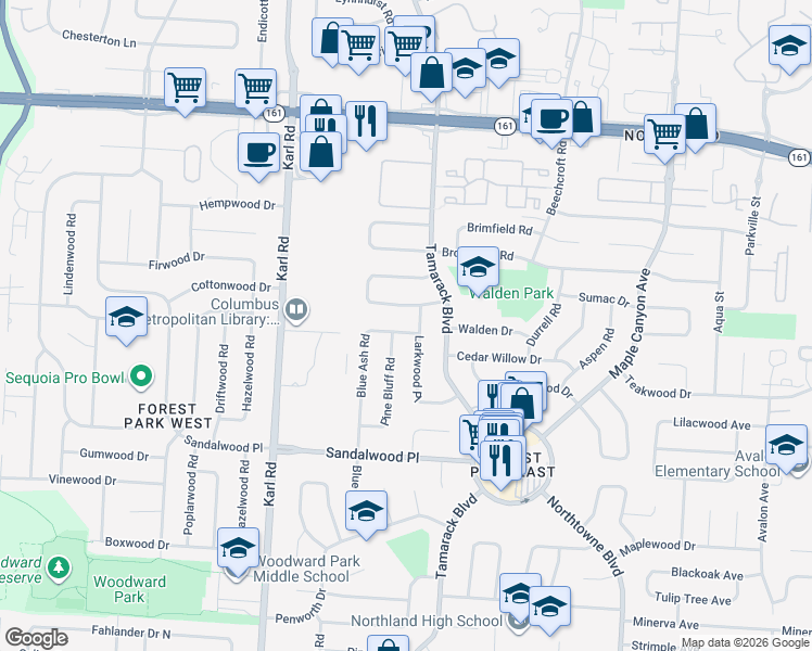 map of restaurants, bars, coffee shops, grocery stores, and more near 5500 Pine Bluff Road in Columbus